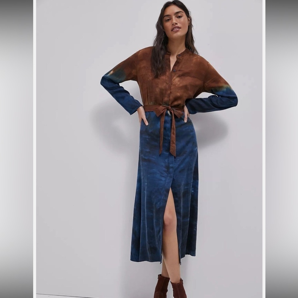Anthropologie Brown and Blue Maxi Shirt Dress